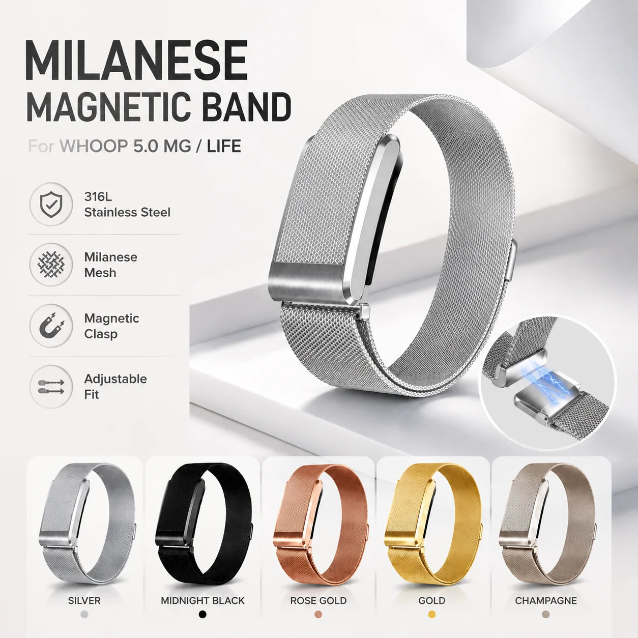 WHOOP 5.0 MG Magnetic Metal Replacement Band Champagne