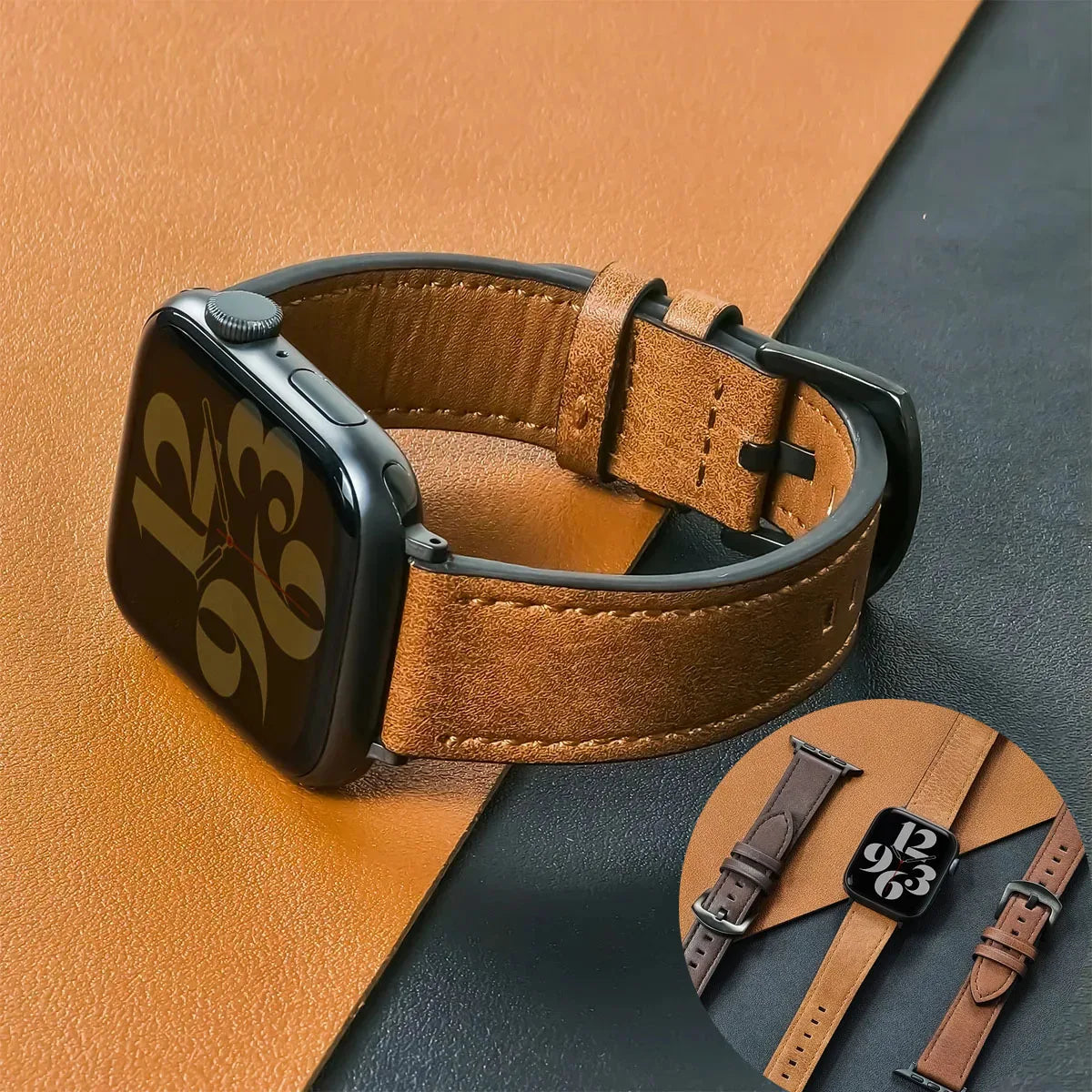 Black Leather Apple Watch Band for Silver Case Series 11