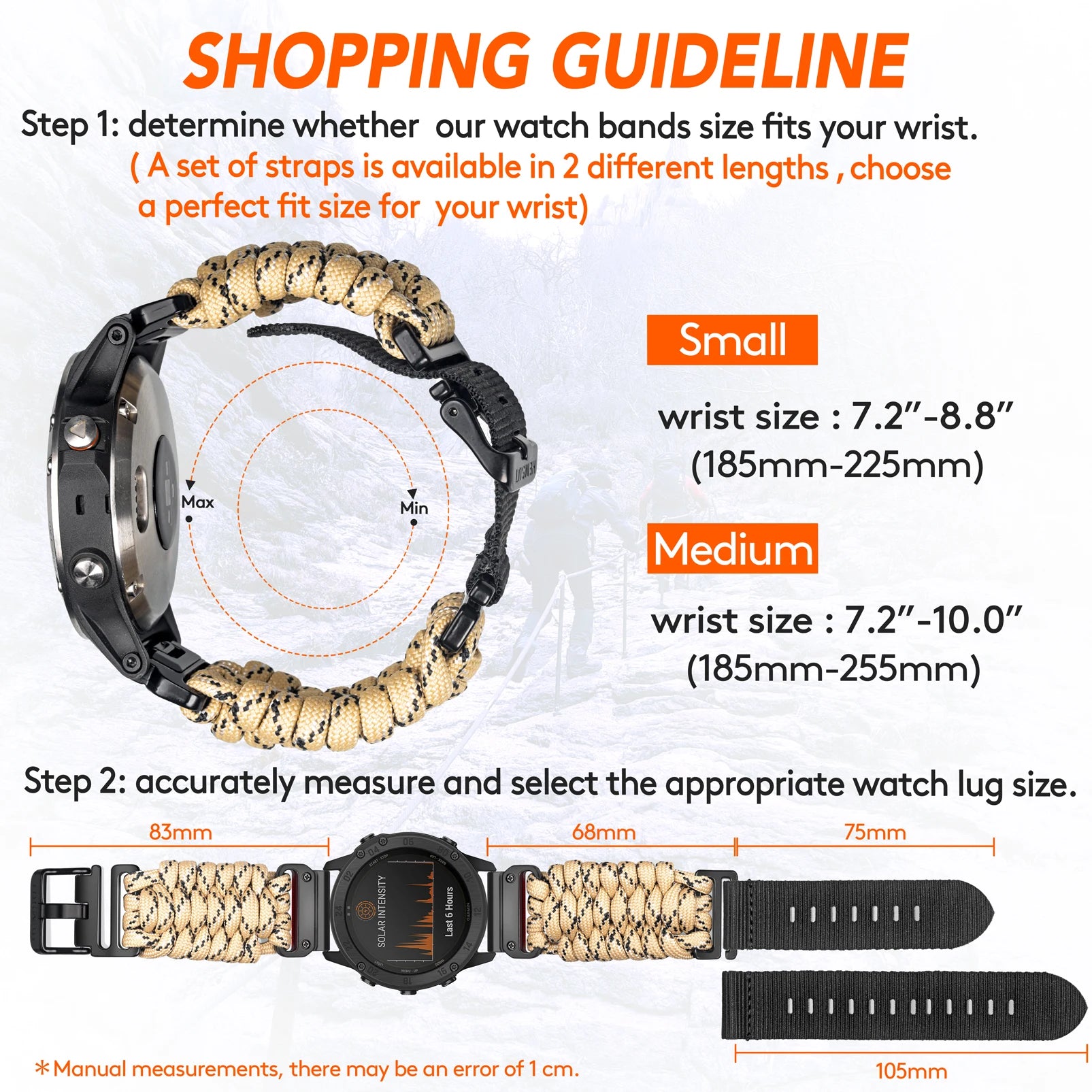 Hemsut 22mm QuickFit 550 Paracord Watch Band for Garmin – Khaki & Black