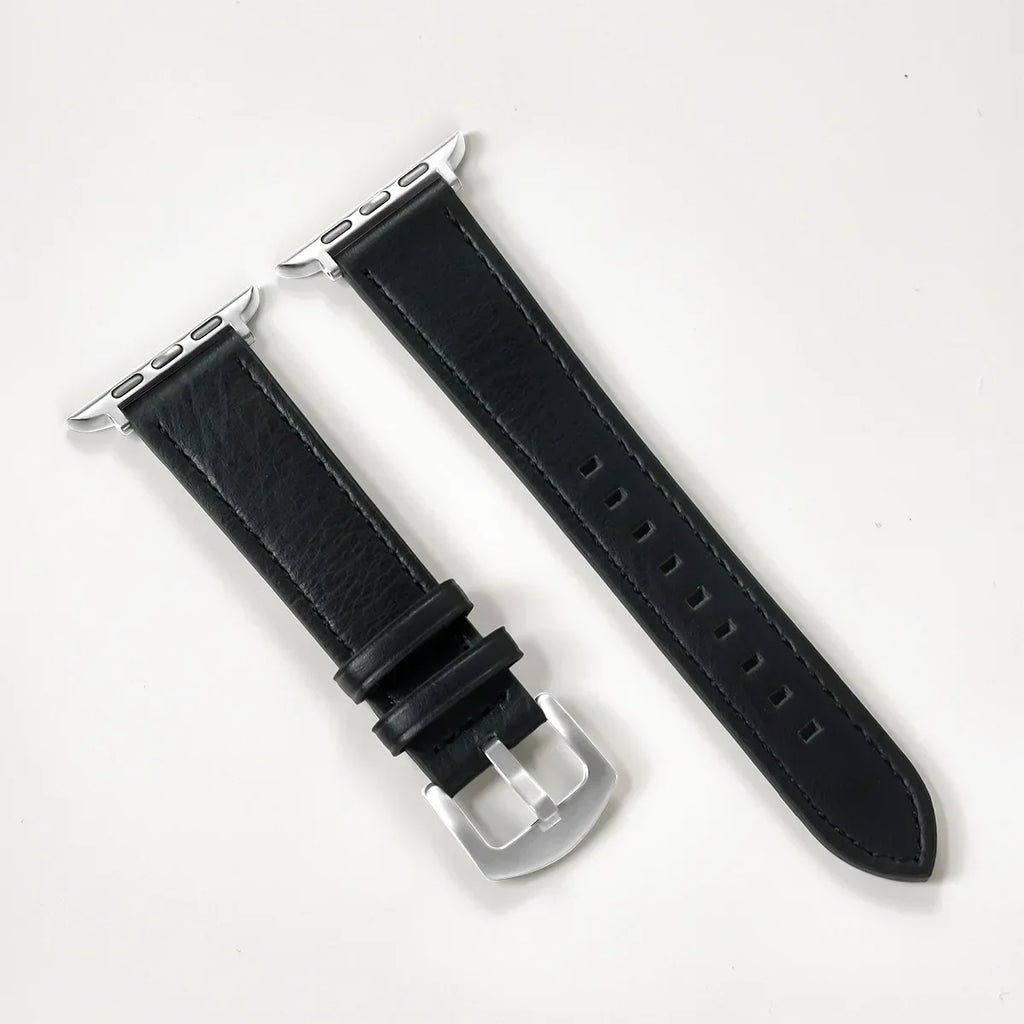 Black Leather Apple Watch Band for Silver Case Series 10